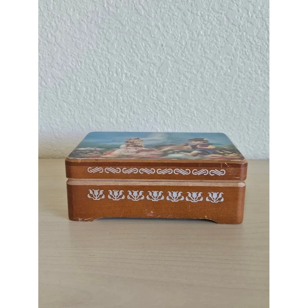 Music Wood Jewelry Box Vintage Schmid Bros 3D Bavarian Picnic Scene Edelweiss